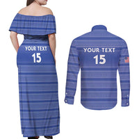 Custom Liberia Football Couples Matching Off Shoulder Maxi Dress and Long Sleeve Button Shirt Women Blue Jersey - Wonder Print Shop
