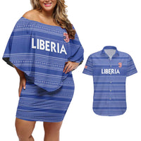 Custom Liberia Football Couples Matching Off Shoulder Short Dress and Hawaiian Shirt Women Blue Jersey - Wonder Print Shop