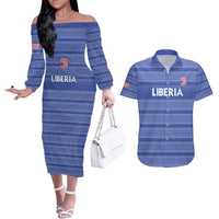 Custom Liberia Football Couples Matching Off The Shoulder Long Sleeve Dress and Hawaiian Shirt Women Blue Jersey - Wonder Print Shop