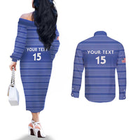 Custom Liberia Football Couples Matching Off The Shoulder Long Sleeve Dress and Long Sleeve Button Shirt Women Blue Jersey - Wonder Print Shop