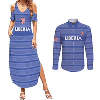 Custom Liberia Football Couples Matching Summer Maxi Dress and Long Sleeve Button Shirt Women Blue Jersey - Wonder Print Shop