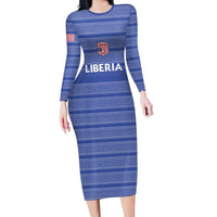 Custom Liberia Football Long Sleeve Bodycon Dress Women Blue Jersey - Wonder Print Shop