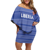 Custom Liberia Football Off Shoulder Short Dress Women Blue Jersey - Wonder Print Shop