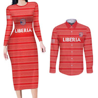 Custom Liberia Football Couples Matching Long Sleeve Bodycon Dress and Long Sleeve Button Shirt Women Red Jersey - Wonder Print Shop