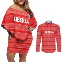 Custom Liberia Football Couples Matching Off Shoulder Short Dress and Long Sleeve Button Shirt Women Red Jersey - Wonder Print Shop