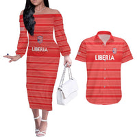 Custom Liberia Football Couples Matching Off The Shoulder Long Sleeve Dress and Hawaiian Shirt Women Red Jersey - Wonder Print Shop