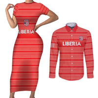 Custom Liberia Football Couples Matching Short Sleeve Bodycon Dress and Long Sleeve Button Shirt Women Red Jersey - Wonder Print Shop