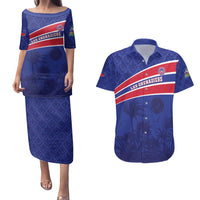 Custom Haiti Football Couples Matching Puletasi and Hawaiian Shirt Les Grenadiers - Royal Palm - Wonder Print Shop