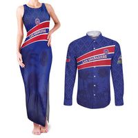 Custom Haiti Football Couples Matching Tank Maxi Dress and Long Sleeve Button Shirt Les Grenadiers - Royal Palm - Wonder Print Shop