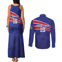 Custom Haiti Football Couples Matching Tank Maxi Dress and Long Sleeve Button Shirt Les Grenadiers - Royal Palm - Wonder Print Shop