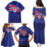 Custom Haiti Football Family Matching Puletasi and Hawaiian Shirt Les Grenadiers - Royal Palm - Wonder Print Shop