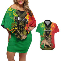 Personalised Ethiopia Couples Matching Off Shoulder Short Dress and Hawaiian Shirt Lion Of Judah Mix African Pattern - Wonder Print Shop
