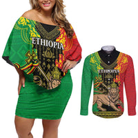 Personalised Ethiopia Couples Matching Off Shoulder Short Dress and Long Sleeve Button Shirt Lion Of Judah Mix African Pattern - Wonder Print Shop