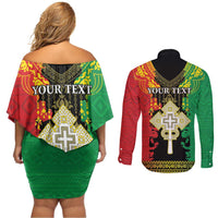 Personalised Ethiopia Couples Matching Off Shoulder Short Dress and Long Sleeve Button Shirt Lion Of Judah Mix African Pattern - Wonder Print Shop
