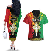 Personalised Ethiopia Couples Matching Off The Shoulder Long Sleeve Dress and Hawaiian Shirt Lion Of Judah Mix African Pattern - Wonder Print Shop