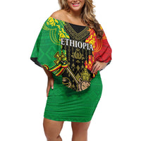 Personalised Ethiopia Family Matching Off Shoulder Short Dress and Hawaiian Shirt Lion Of Judah Mix African Pattern - Wonder Print Shop