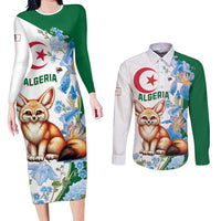 Algeria Fennec Fox Couples Matching Long Sleeve Bodycon Dress and Long Sleeve Button Shirt Blue Isris Flower