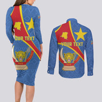Personalised DR Congo Couples Matching Long Sleeve Bodycon Dress and Long Sleeve Button Shirt Coat Of Arms African Pattern