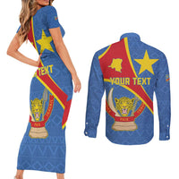 Personalised DR Congo Couples Matching Short Sleeve Bodycon Dress and Long Sleeve Button Shirt Coat Of Arms African Pattern