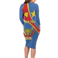 Personalised DR Congo Family Matching Long Sleeve Bodycon Dress and Hawaiian Shirt Coat Of Arms African Pattern