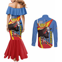 DR Congo Okapi Couples Matching Mermaid Dress and Long Sleeve Button Shirt With Coat Of Arms