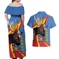 DR Congo Okapi Couples Matching Off Shoulder Maxi Dress and Hawaiian Shirt With Coat Of Arms