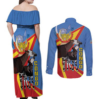 DR Congo Okapi Couples Matching Off Shoulder Maxi Dress and Long Sleeve Button Shirt With Coat Of Arms