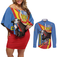 DR Congo Okapi Couples Matching Off Shoulder Short Dress and Long Sleeve Button Shirt With Coat Of Arms