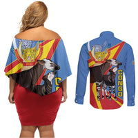 DR Congo Okapi Couples Matching Off Shoulder Short Dress and Long Sleeve Button Shirt With Coat Of Arms