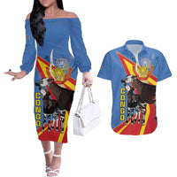 DR Congo Okapi Couples Matching Off The Shoulder Long Sleeve Dress and Hawaiian Shirt With Coat Of Arms