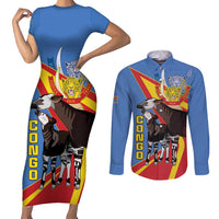 DR Congo Okapi Couples Matching Short Sleeve Bodycon Dress and Long Sleeve Button Shirt With Coat Of Arms