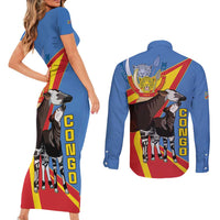 DR Congo Okapi Couples Matching Short Sleeve Bodycon Dress and Long Sleeve Button Shirt With Coat Of Arms