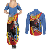DR Congo Okapi Couples Matching Summer Maxi Dress and Long Sleeve Button Shirt With Coat Of Arms