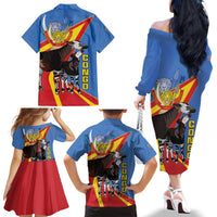 DR Congo Okapi Family Matching Off The Shoulder Long Sleeve Dress and Hawaiian Shirt With Coat Of Arms