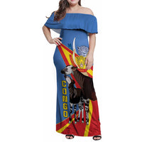 DR Congo Okapi Family Matching Off Shoulder Maxi Dress and Hawaiian Shirt With Coat Of Arms