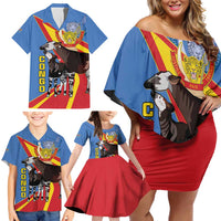 DR Congo Okapi Family Matching Off Shoulder Short Dress and Hawaiian Shirt With Coat Of Arms