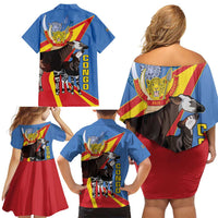 DR Congo Okapi Family Matching Off Shoulder Short Dress and Hawaiian Shirt With Coat Of Arms