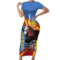 DR Congo Okapi Family Matching Short Sleeve Bodycon Dress and Hawaiian Shirt With Coat Of Arms