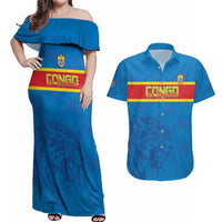 Custom DR Congo Football Couples Matching Off Shoulder Maxi Dress and Hawaiian Shirt Go Les Léopards