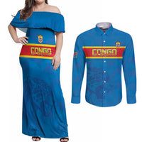 Custom DR Congo Football Couples Matching Off Shoulder Maxi Dress and Long Sleeve Button Shirt Go Les Léopards