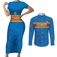 Custom DR Congo Football Couples Matching Short Sleeve Bodycon Dress and Long Sleeve Button Shirt Go Les Léopards