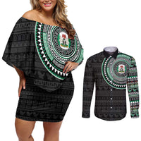 Nigeria Couples Matching Off Shoulder Short Dress and Long Sleeve Button Shirt African Tribal Pattern