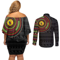Cameroon Couples Matching Off Shoulder Short Dress and Long Sleeve Button Shirt African Tribal Pattern