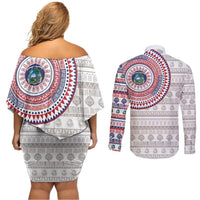 Liberia Couples Matching Off Shoulder Short Dress and Long Sleeve Button Shirt African Tribal Pattern