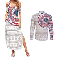 Liberia Couples Matching Summer Maxi Dress and Long Sleeve Button Shirt African Tribal Pattern