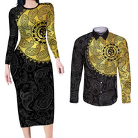 Eritrea Couples Matching Long Sleeve Bodycon Dress and Long Sleeve Button Shirt African Tribal Mix Paisley Pattern