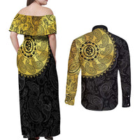 Eritrea Couples Matching Off Shoulder Maxi Dress and Long Sleeve Button Shirt African Tribal Mix Paisley Pattern
