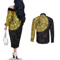 Eritrea Couples Matching Off The Shoulder Long Sleeve Dress and Long Sleeve Button Shirt African Tribal Mix Paisley Pattern