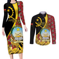 Personalized Angola Couples Matching Long Sleeve Bodycon Dress and Long Sleeve Button Shirt Coat Of Arms Welwitschia Mirabilis