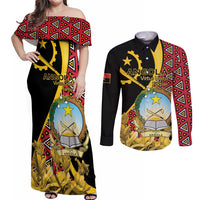 Personalized Angola Couples Matching Off Shoulder Maxi Dress and Long Sleeve Button Shirt Coat Of Arms Welwitschia Mirabilis